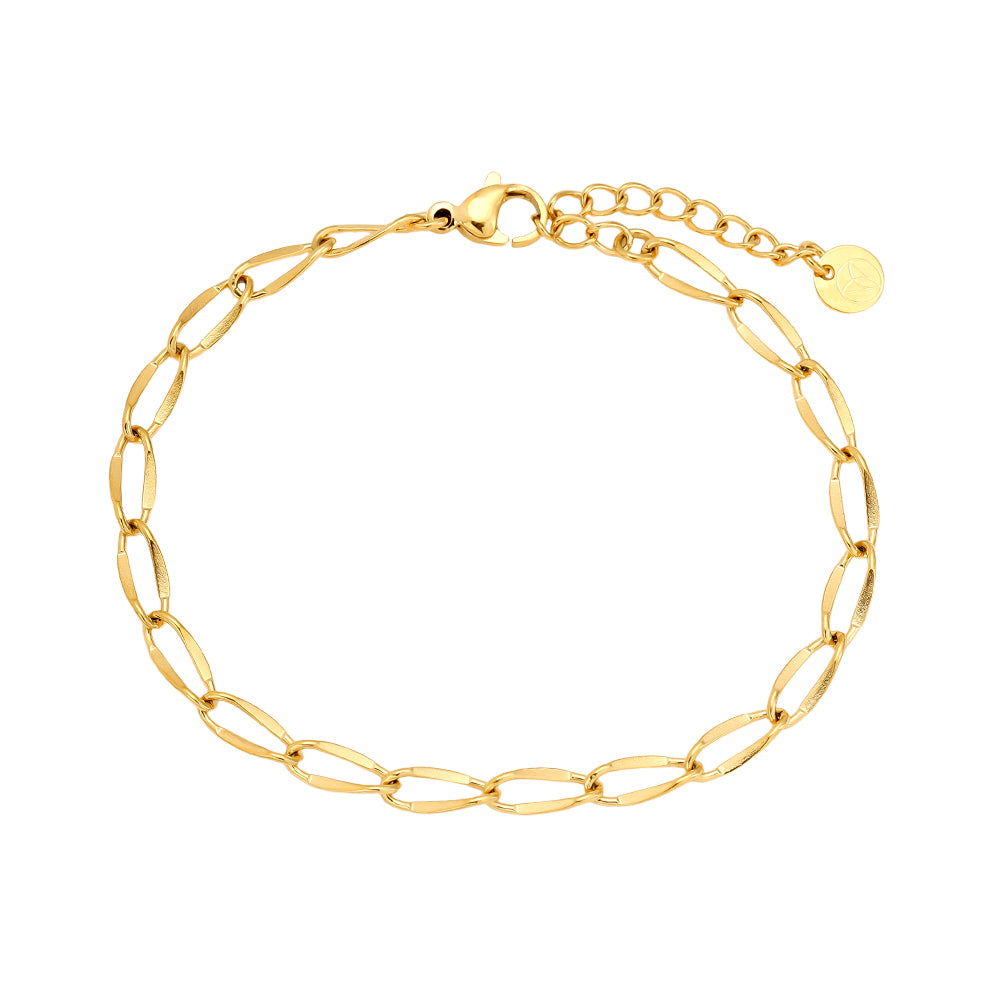 Minimalistische goudkleurige RVS schakelarmband met ovale schakels.