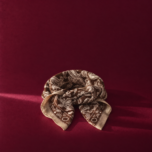 Bruine sjaal met beige paisleyprint op een bordeauxrode achtergrond. Gratis sjaal bij bestellingen vanaf €30 bij Gioia store.