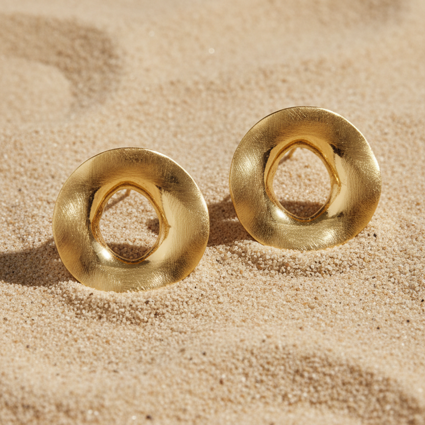 Organische gouden cirkel oorbellen op zand – Pinterest productfoto